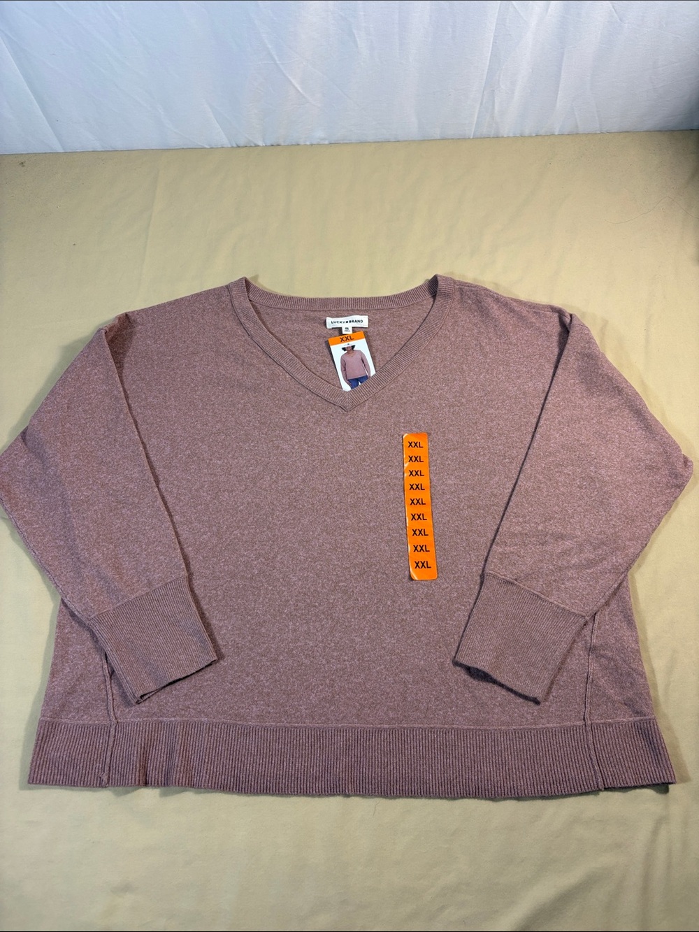 Lucky Brand XXL Cognac Pink V Neck Sweater Slit Hem Pullover Knit Top NWT